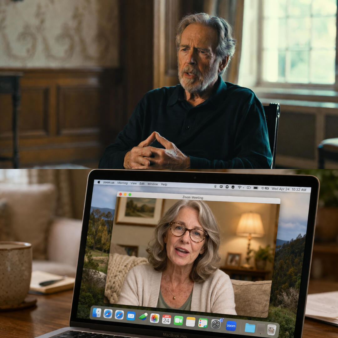 Above: A middle-aged man telling his story at home. Below: A middle-aged woman telling her story in an online interview.